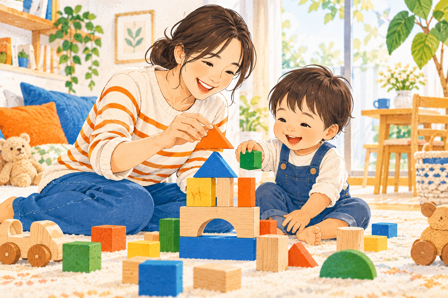 親子で積み木を楽しむイラスト